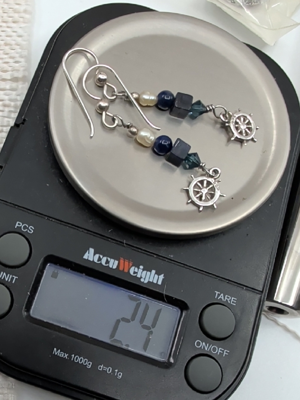 Sterling Silver Nautical Wheel Dangle Earrings with Navy and Pearl Beads - Picture 8 of 17
